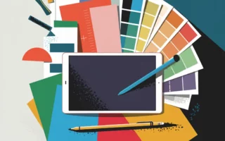 Ferramentas de design gráfico, incluindo um tablet, stylus e paletas de cores, cercadas por esboços criativos e formas abstratas, representando a arte e os segredos do design gráfico